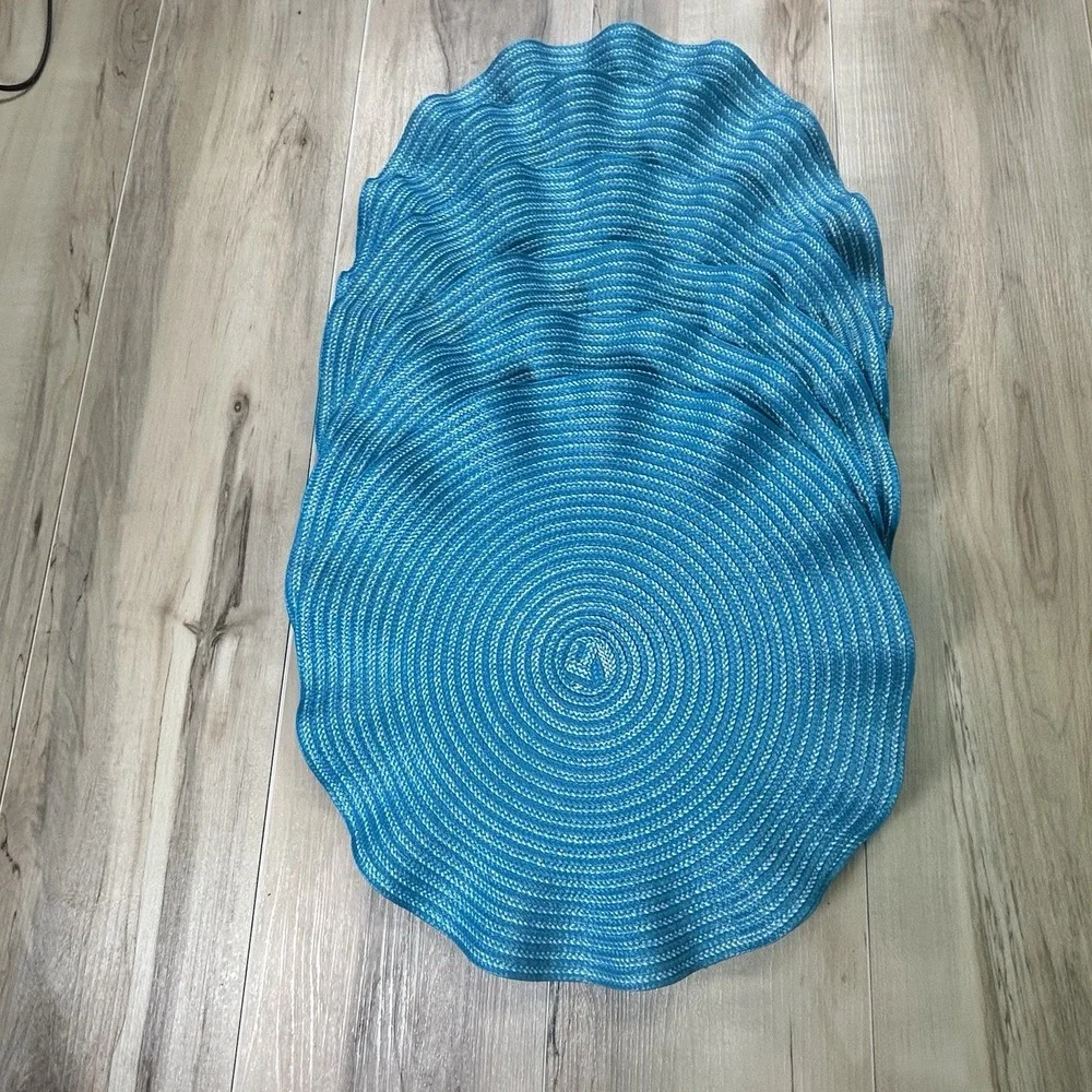Set of 6 Pier 1 Imports Teal Ruffled Placemats - Circular Woven Coastal Boho